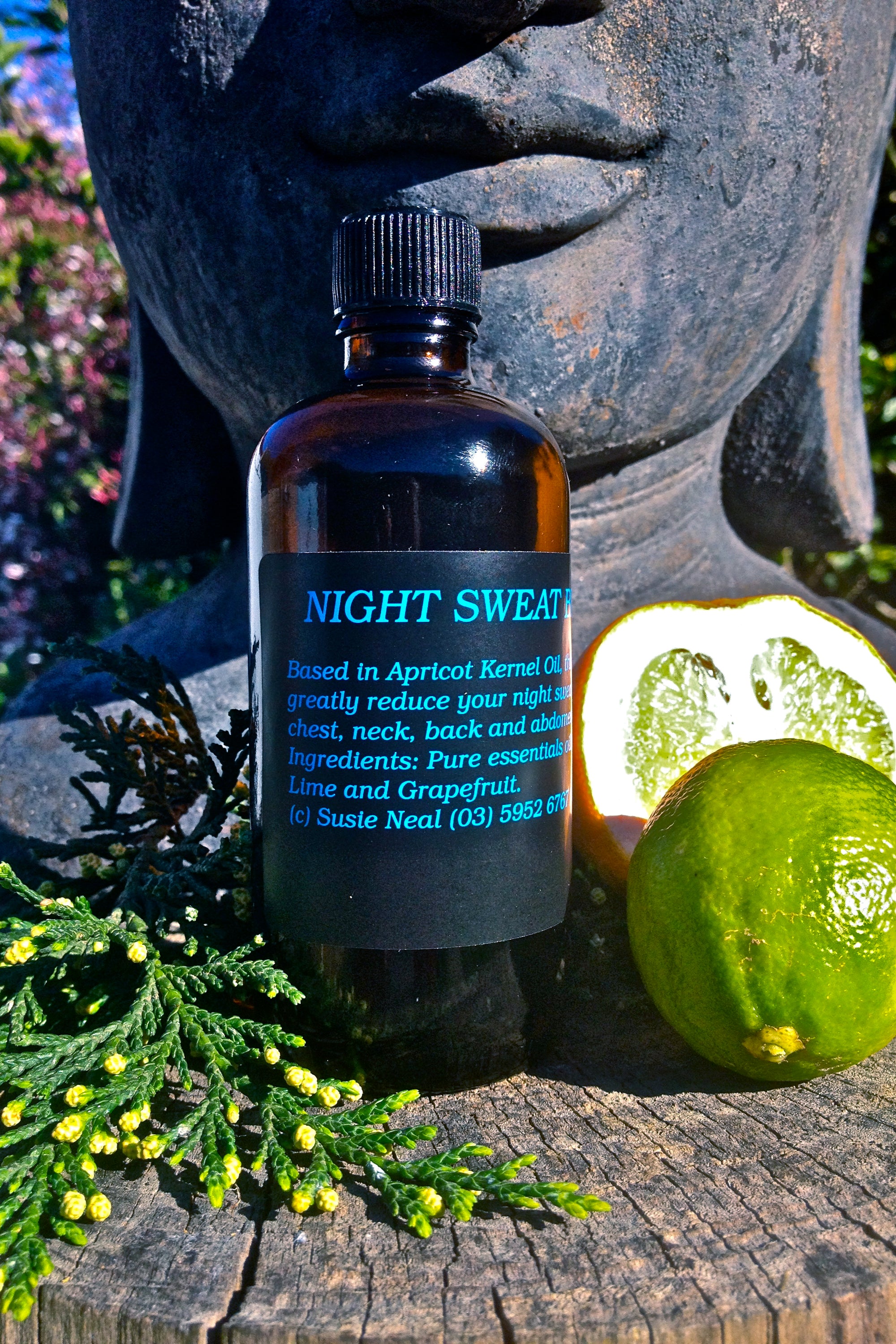 Night Sweat Massage Oil in Light Olive Oil. 100mls.