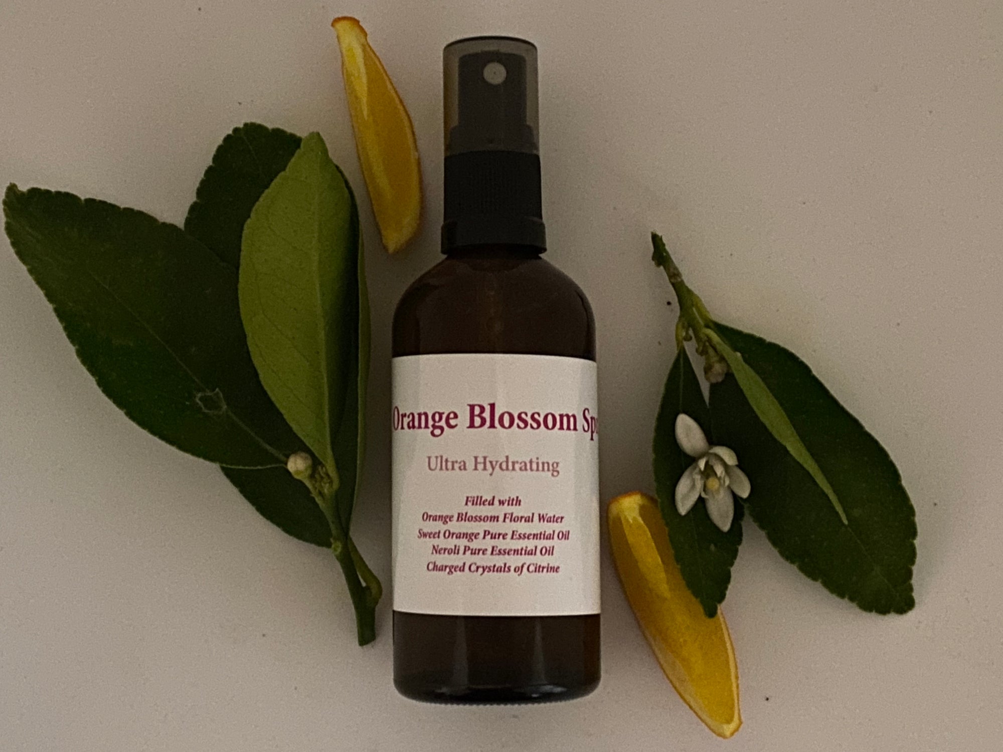 Orange Blossom Hydrosol in Floral Water with Citrine crystal Chips. 100mls.