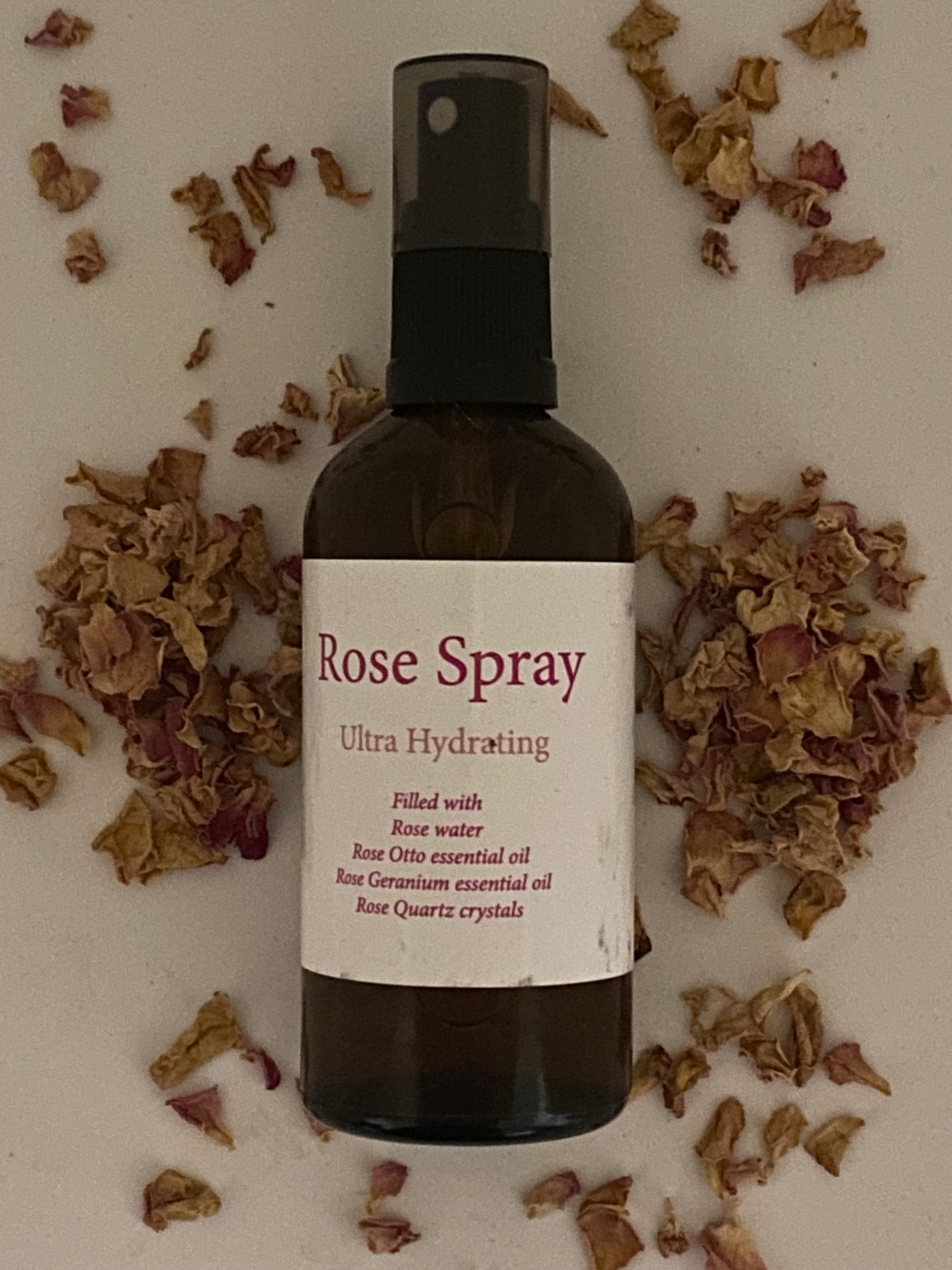 Rose Hydrosol in Floral Water with Charged Crystal chips of Rose Quartz. 100mls.