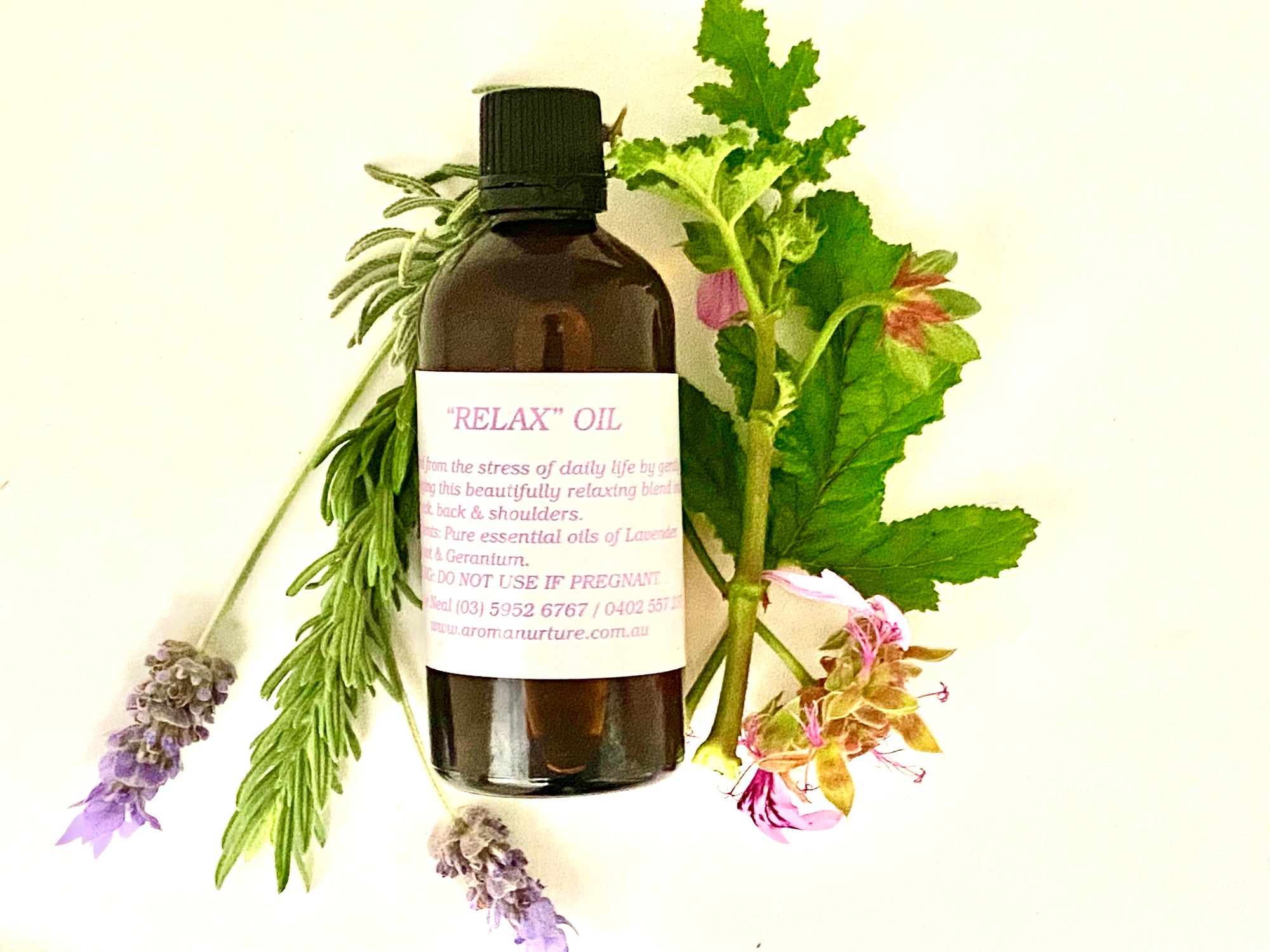 Relax Massage Oil in Sweet Almond Oil. 100 mls.
