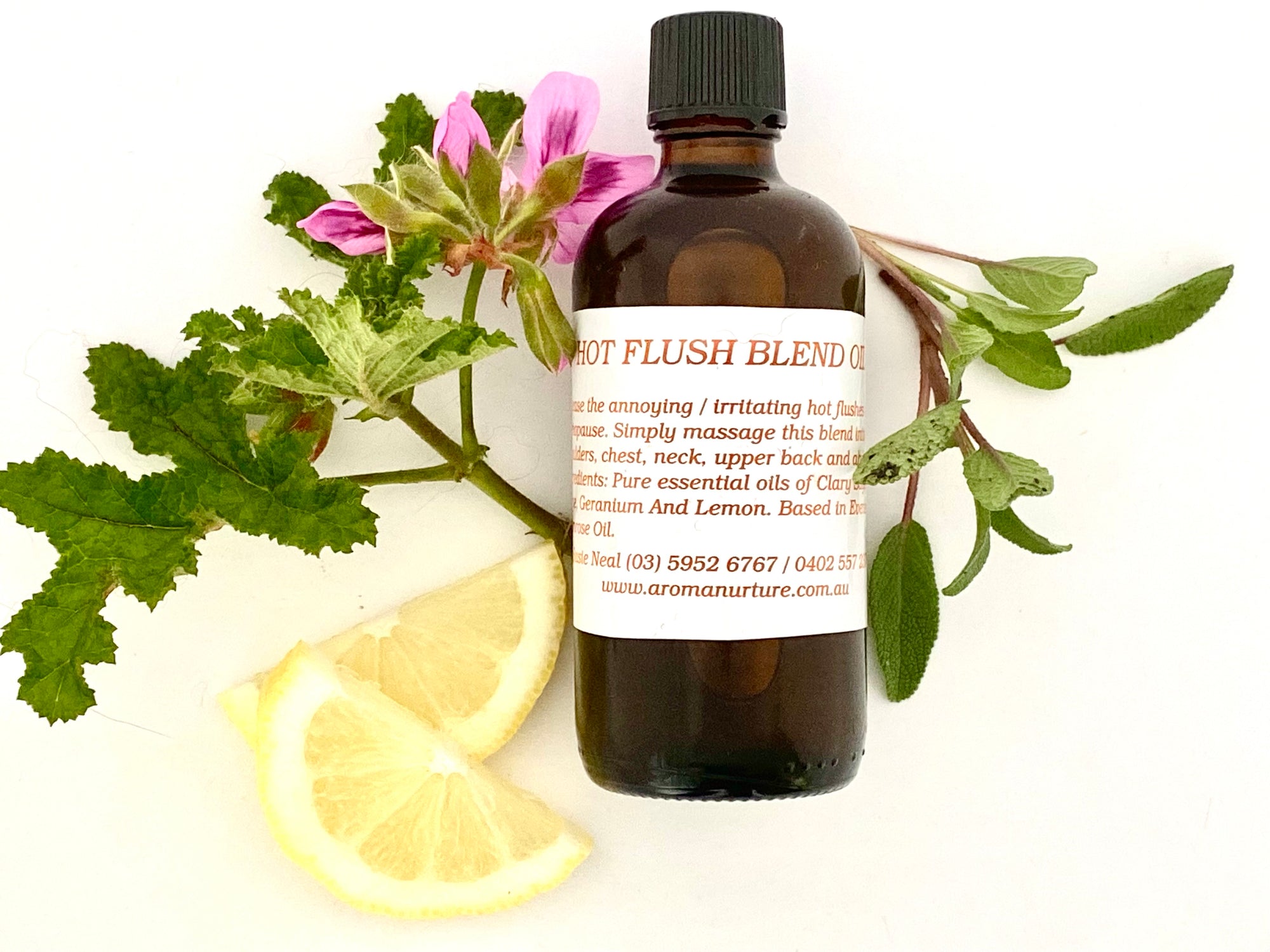 Hot Flush Massage Oil in Macadamia and Evening Primrose Oil.