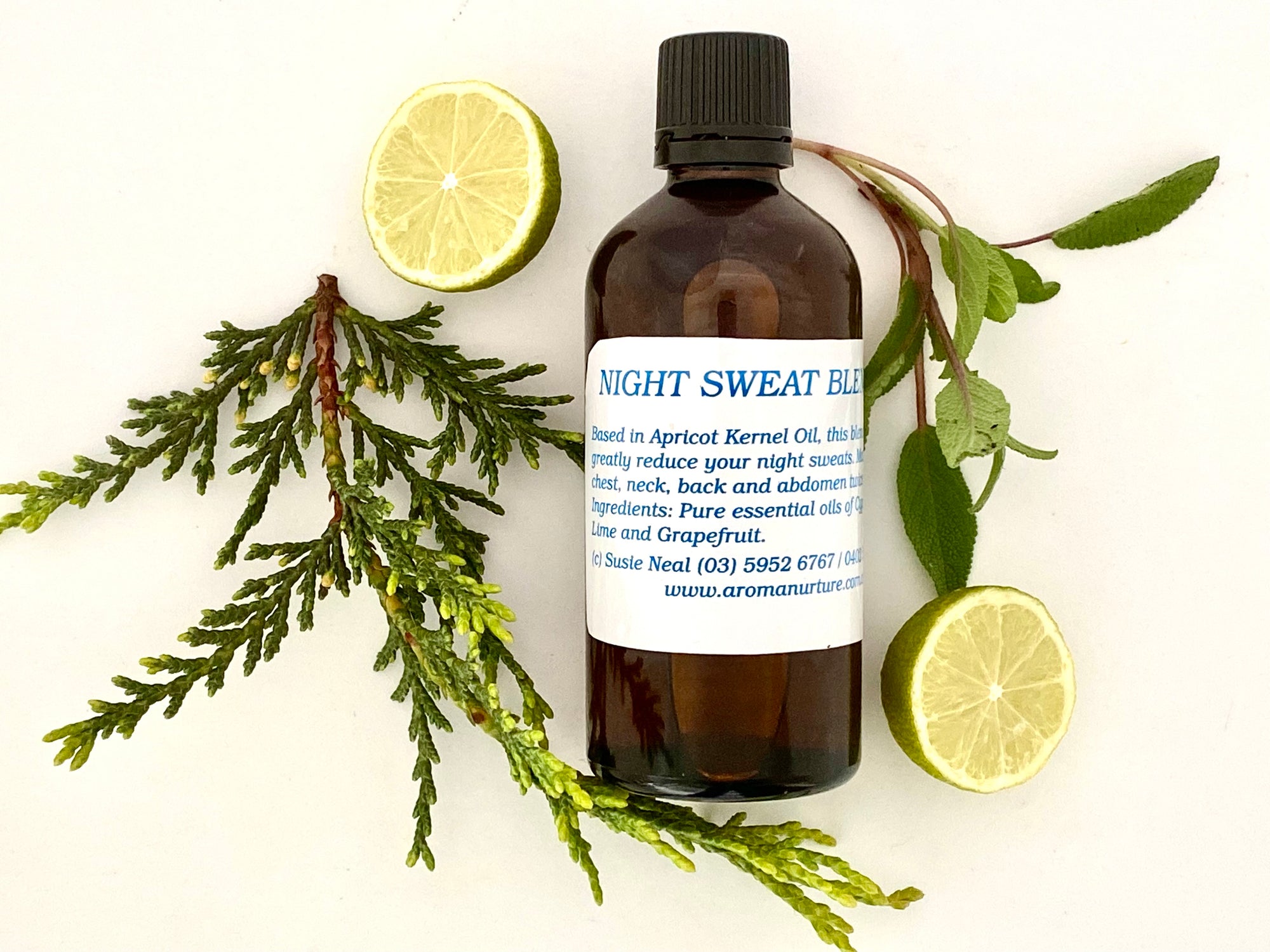 Night Sweat Massage Oil in Light Olive Oil. 100mls.
